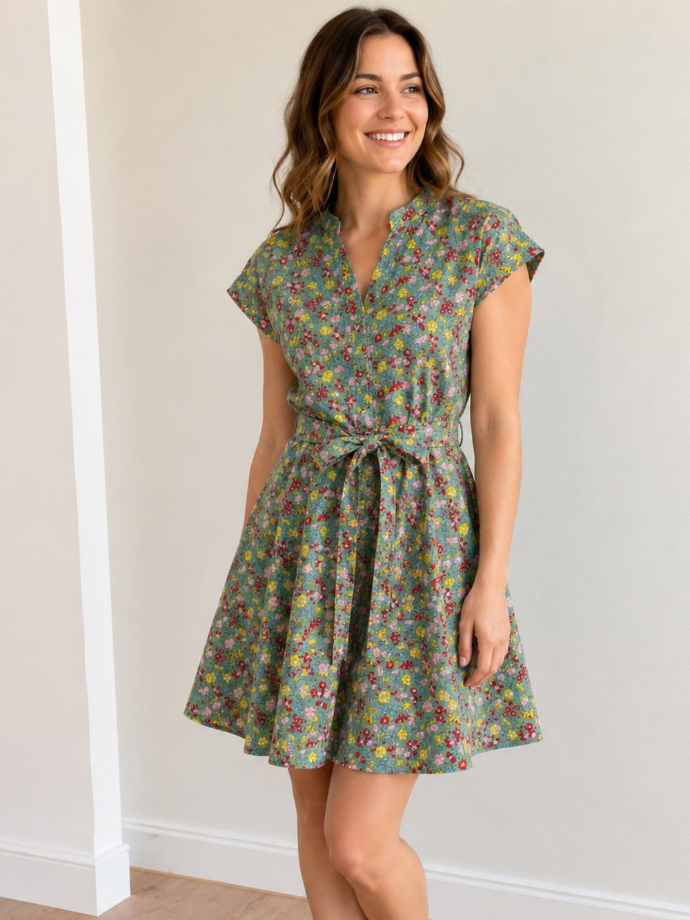 Avara Floral Cotton Belted Fit & Flare Dress Green Multicolor Size M